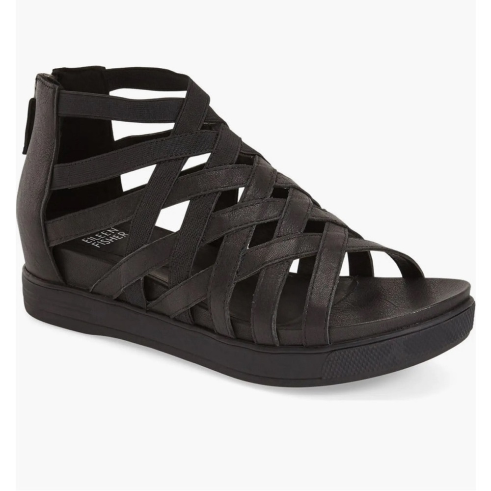 Eileen Fisher “Airy” Platform Black Strappy Sport Roman Gladiator Sandal Sz 9.5 - Picture 2 of 13